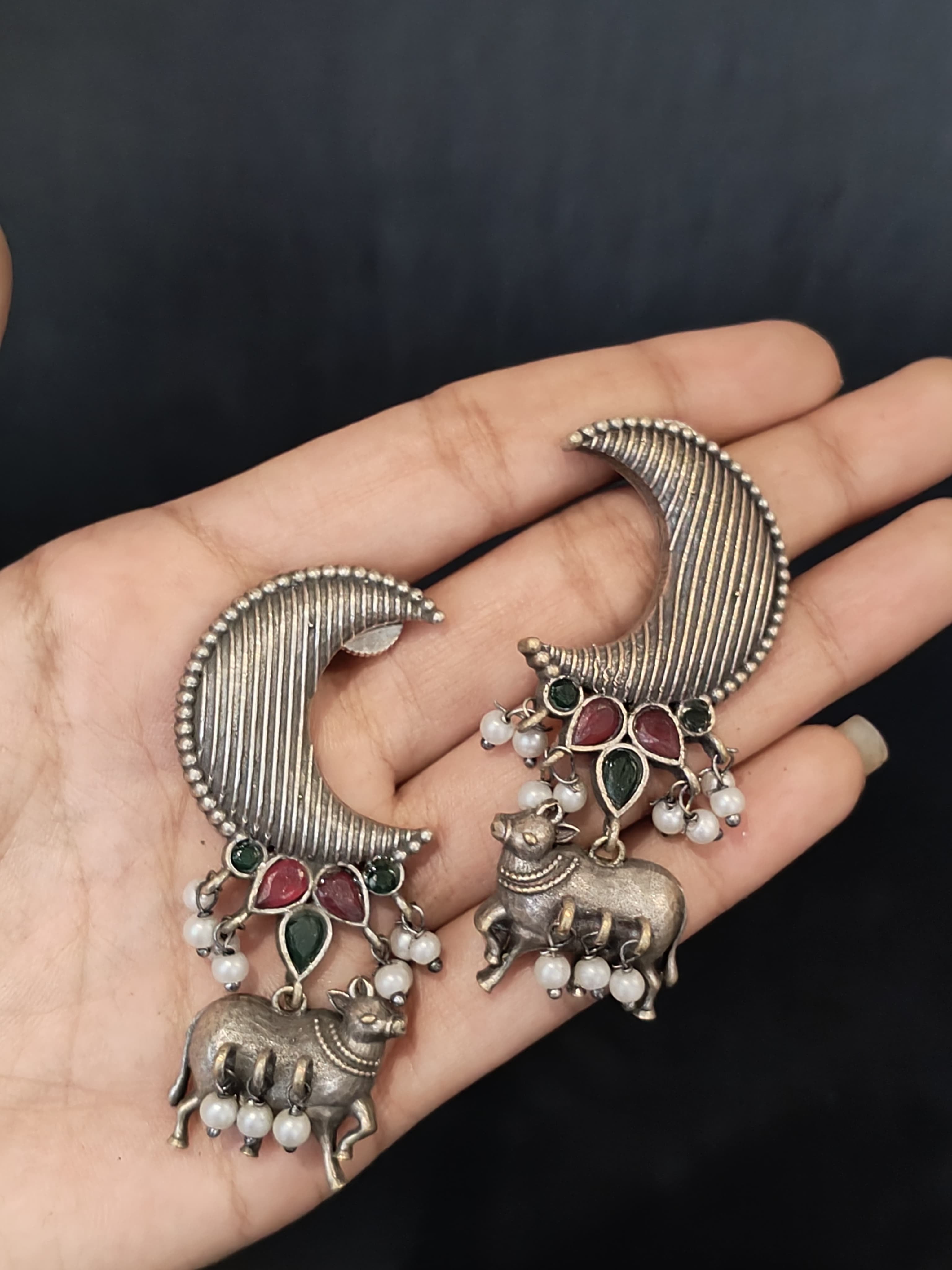 Handcrafted Nandi Statement Earrings – Oxidized Silver Crescent Moon Design Traditional Ethnic Jewelry for Women & Girls