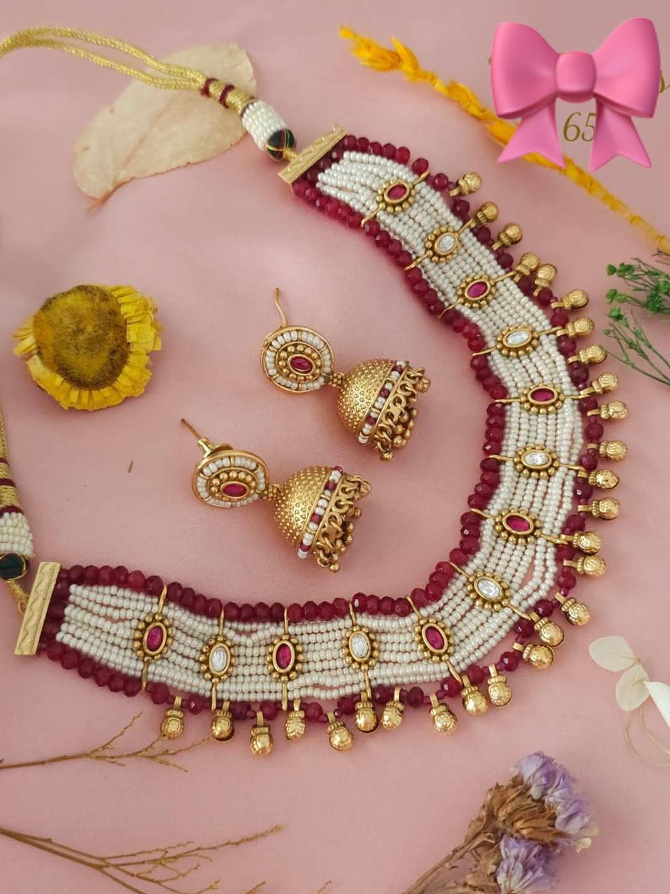 Traditional Gold-Plated Choker Necklace with White Red Beads, and Matching Jhumka Earrings
