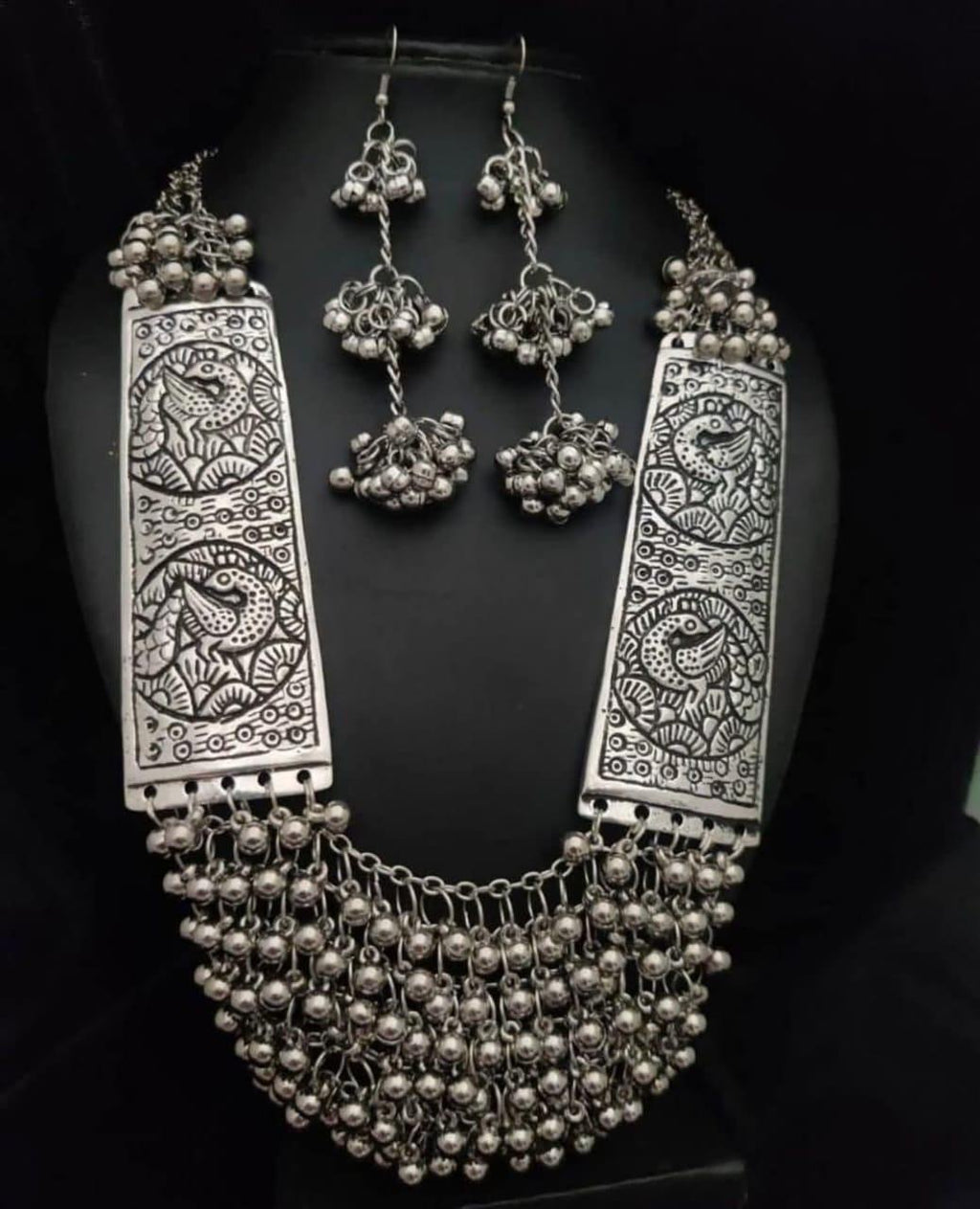Handcrafted Long Silver Necklace Set, Dangling Beaded Tassels With Matching Earrings Gift for Her