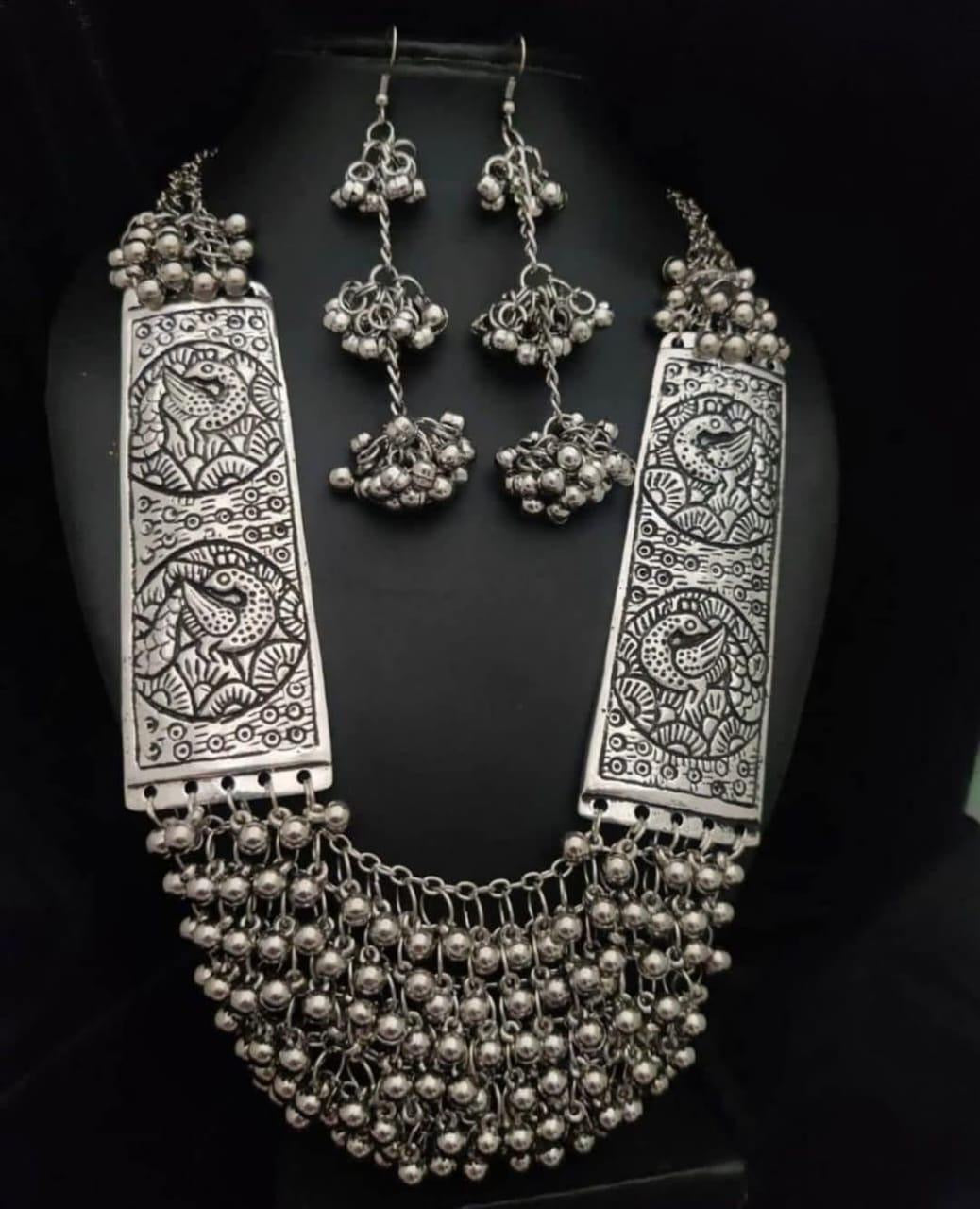 Handcrafted Long Silver Necklace Set, Dangling Beaded Tassels With Matching Earrings Gift for Her