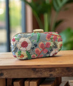 Trendy Beaded Satin Floral Round Edge Clutches for Girls & Women