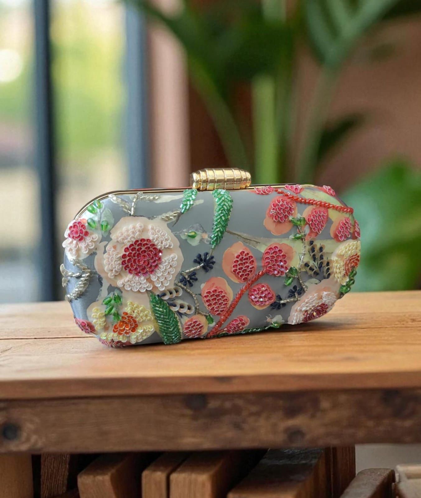Trendy Beaded Satin Floral Round Edge Clutches for Girls & Women